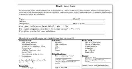 intake form massage therapy health history